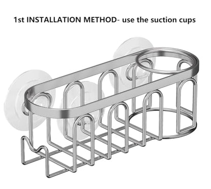 TESOT Sink Caddy Sponge Holder for Kitchen Sink 2 Suspension Options(Suction Cups and Adhesive Hook), SUS304 Stainless Steel, Silver