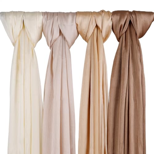 Febfim 4PCS Muslim Women Natural Wrinkle Long Satin Crepe Hijab Set Scarves Smooth Crinkle Ladies Shawl Wrap Set - color: Color 4