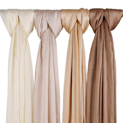 Febfim 4PCS Muslim Women Natural Wrinkle Long Satin Crepe Hijab Set Scarves Smooth Crinkle Ladies Shawl Wrap Set - color: Color 4