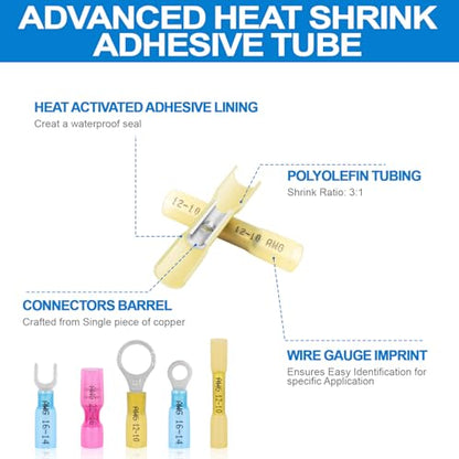 270PCS Heat Shrink Wire Connectors Kit, 22-10AWG | Marine Grade Eyelet Ring Fork Spade Butt Hook Splices Crimp Terminals