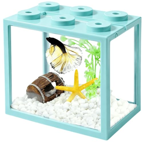 Small Betta Fish Tank, Stackable Mini Fish Tank Tiny Aquarium Kit with Aquarium Gravel & Resin Decorations, 0.6 Gallon Cube Desktop Fishbowl for Snails, Crabs, Starfish (Light Blue) - color: Light blue