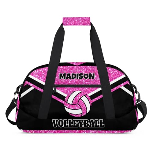 Personalized Volleyball Sports Bag, Custom Sport Duffel Bag Large Compartment Cheerleaders Dance Bag Weekender Bags Travel Bag, Bright Pink Glittering with Black - color: Hot Pink