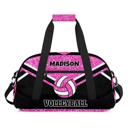 Personalized Volleyball Sports Bag, Custom Sport Duffel Bag Large Compartment Cheerleaders Dance Bag Weekender Bags Travel Bag, Bright Pink Glittering with Black - color: Hot Pink