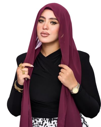 Instant Chiffon Hijab 3-in-1 with Built-in Magnets and Attached Match Undercap, Women Hijabs Set. - color: Cranburry