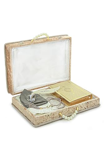 ihvan online Muslim Prayer Rug Set, Islamic Dowry Gift Box for Men & Women, Shawl, Kufi Hat, Digital Beads Counter, Quran Gift, Elegant Islamic Gifts Set for Ramadan & Eid & Wedding, Gold - color: Gold