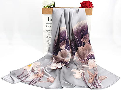 ANDANTINO 100% Silk Long Scarf-Women Large Oblong Shawls with Gift Packed - color: Lotus Pond-light Grey