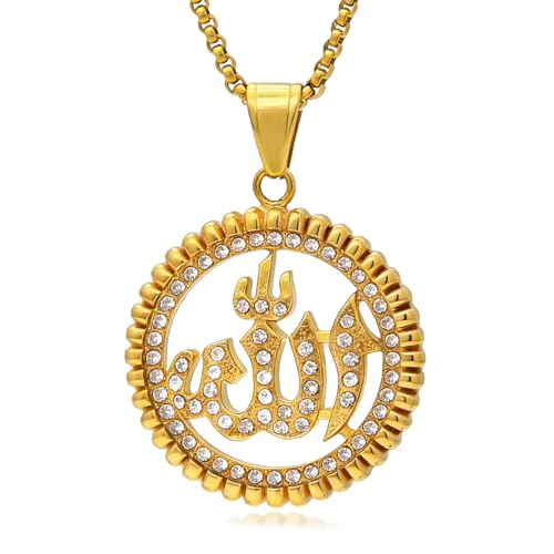 Hip Hop Stainless Steel Iced Out Hollow Allah Pendant Round Necklace - color: Gold