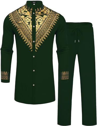 Mens African 2 Piece Set Metallic Traditional Suit Gold Stamp Printed African Dashiki Shirt and Pants Outfit - color: Dark Green, size: Medium