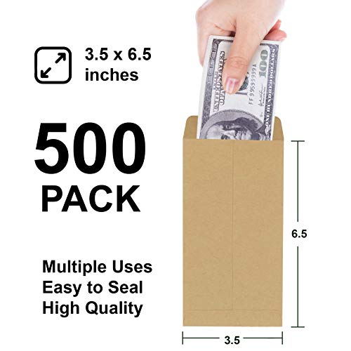 Money Envelopes, 500 Pack Kraft Cash Envelopes, Small Parts Envelopes with Gummed Seal, 3.5 x 6.5 Inches
