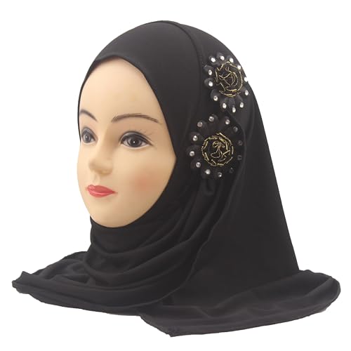 Soft Instant Hijab for Kids Girls Muslim Headscarf Islamic Scarf Shawl Wrap with Flowers - color: Black-2 Flowers