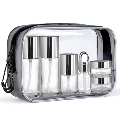 Glass Travel Bottles for Toiletries, TSA Approved, Leak Proof Refillable Travel Size Containers with Pump Spray Dropper Jars for Skincare Lotion Cream or Shampoo - color: Clear Glass Bottle with Silver Lid