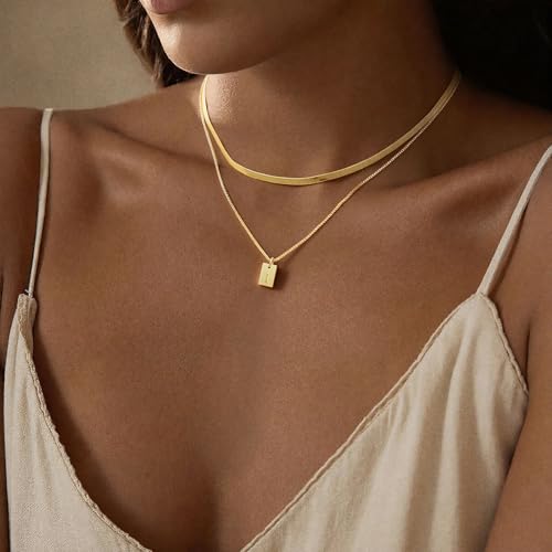 14K Gold Plated Layered Initial Necklace for Women with Herringbone Chain | Herringbone Choker & Letter Pendant, Waterproof Non-Tarnish Adjustable Snake Chain, 2Pcs Minimalist Stacking Jewelry Gift - color: I