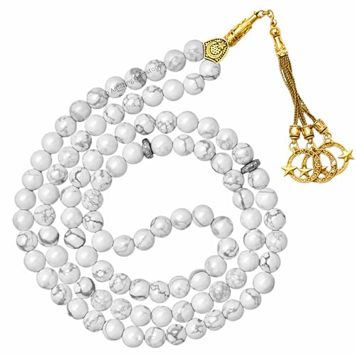 Amazing Gemstone Crystal Tasbeeh with Moon and Star Charm - Certified Crystal Muslim Prayer Beads Natural Gemstone Tasbih Gift for Ramadan Dhikr and Daily Namaz (G) - color: Howlite