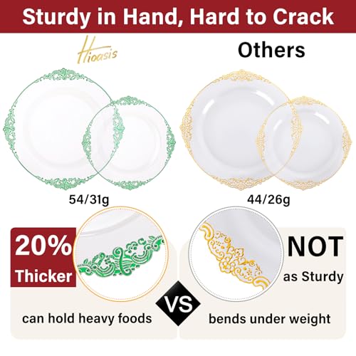 Hioasis 175pcs Clear and Green Plates - Green Party Plates for 25 Guest, Include 50 Heavy-duty Plates(20% Thicker Than Standard), 25 Pre Rolled Gold Plastic Silverware Set, 25 Cups - color: Clear and Green
