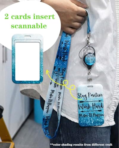 Blue Positive Lanyards for ID Card Badges Retractable ID Badge Holder for Women Work with Reel Keychain Clip Positive Card Holder with Carabiner Clip Heavy Duty - color: Stay Positive