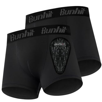 Runhit Boys Baseball Cup Underwear Football Cup Boxer Brief Youth Compression Shorts with Soft Protective Athletic Cup - color: 2pack:black+black, size: Large