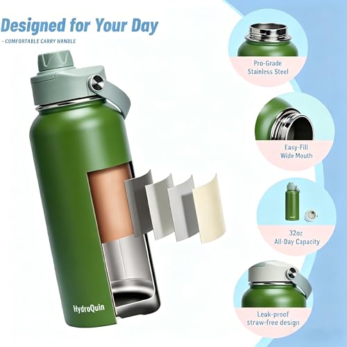 32 oz Insulated Water Bottle Olive Green Stainless Steel Flask | Keep Cold 24 Hours Hot 12 Hours - Leakproof Twist Spout Lid & Flex Handle - No Straw Metal Water Bottle for Hiking & Camp - color: Olive Green