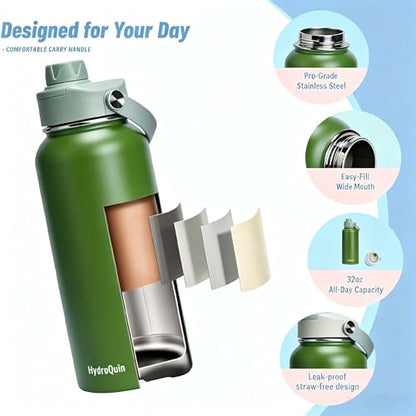 32 oz Insulated Water Bottle Olive Green Stainless Steel Flask | Keep Cold 24 Hours Hot 12 Hours - Leakproof Twist Spout Lid & Flex Handle - No Straw Metal Water Bottle for Hiking & Camp - color: Olive Green