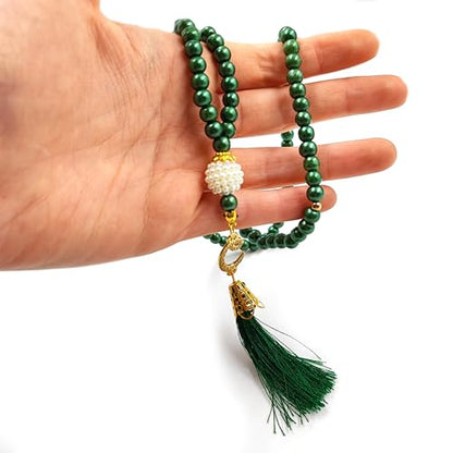 BAYKUL Muslim Prayer Beads 99, Islamic Rosary with Silver Allah Muhammad Engraved Tasbih, Zikr Namaz Worship Ramadan Tesbih Bracelet - color: Green Pearl