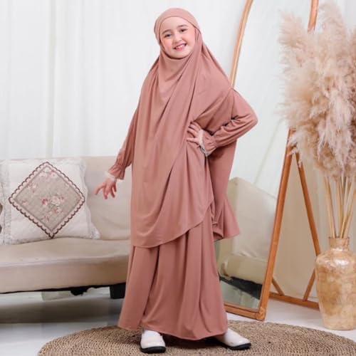 Kids Girls Muslim Islamic Two-piece Outfits Lace Long Sleeve Hijab Dress Abaya and Loose Skirt Full Cover Kaftan - color: Light Pink, size: 5-6 Years