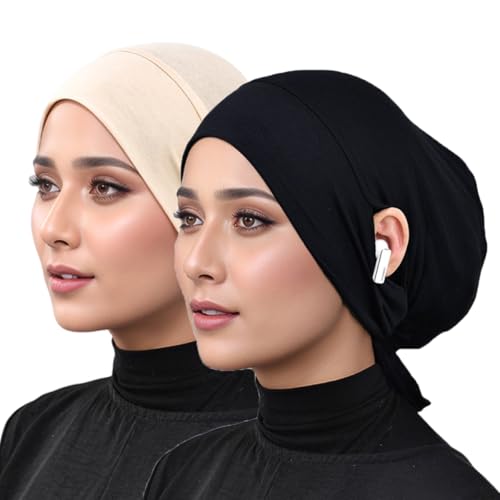 Hijab Undercaps Slouchy Beanies Cap Soft Hijab Caps Under Scarf for Women Muslim Jersey Inner Beain-Cap - color: Black+beige