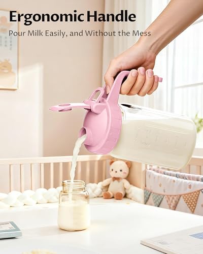 Mason Jar Pitcher Set of 2, 32oz (1quart) Glass Breast Milk Pitcher with Lid - color: Green & Pink, size: 32 Ounces