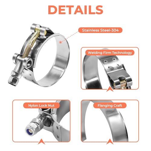 2 Pack 2" T-Bolt Hose Clamps, 304 Stainless Steel Turbo Intake Clamp, Working Range 2.20"-2.52"(56mm-64mm) for 2" I.D. Hose with 5mm Wall Thickness.(Suggest measure hose O.D. before buying) - size: 2" hose clamp 56mm-64mm (2.2-2.5”)