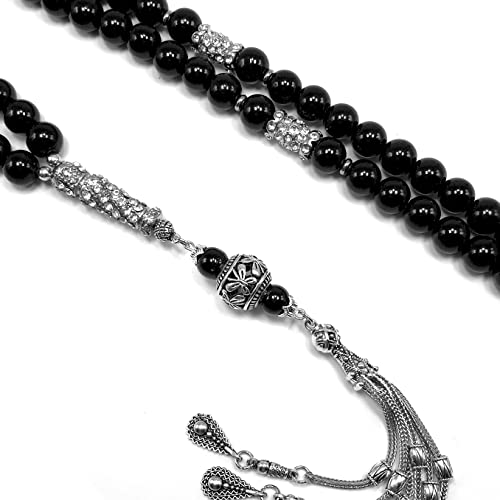 Special Prayer Beads Series -99 beads- Tesbih Tasbih Tasbeeh Misbaha Masbaha Subha Sebha Sibha (Black Glass -10 mm 99 Big Beads- & Zircon Stone Design) - color: Black Glass -10 mm 99 Big Beads- & Zircon Stone Design