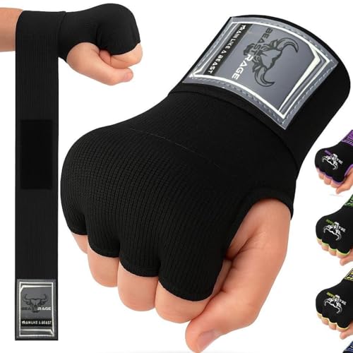 BEAST RAGE Inner Gloves with Hand Wraps Quick Wrap Long 36" Wrist Support MMA Muay Thai Bandages Punching Martial Arts Training Men Women Kickboxing Bandages Under Bag Gloves - color: Black Rage, size: XL (Adult)