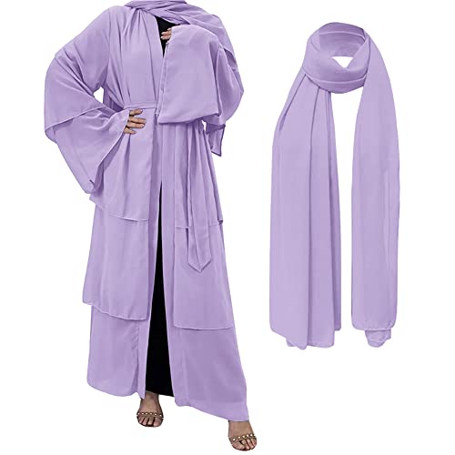 Muslim Chiffon Abaya for Women Open Front Cardigan Modest Dress with Hijab Scarf Middle East Arabian Robe Islamic Long Dress - color: Light Purple, size: Medium