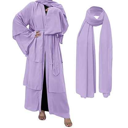 Muslim Chiffon Abaya for Women Open Front Cardigan Modest Dress with Hijab Scarf Middle East Arabian Robe Islamic Long Dress - color: Light Purple, size: Small