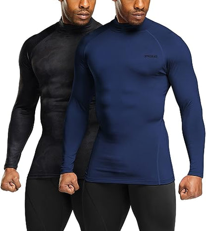 TSLA Men's Thermal Long Sleeve Compression Shirts, Mock/Turtleneck Winter Sports Running Base Layer Top - color: 2pack Navy/Woodland Black, size: Medium