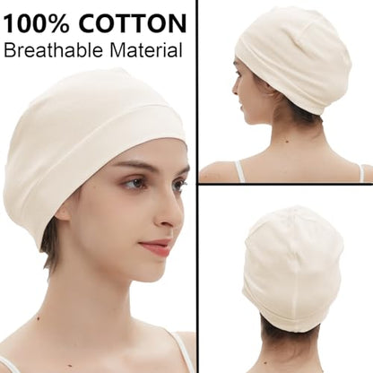 100% Cotton Skull Caps Beanie Bald Sleeping Hats for Men Women - color: 3pieces-brown,beige,light Blue