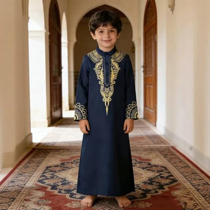 Kids Long Sleeve Dubai Dress Abaya Saudi Arab Kaftan Islamic Robe Muslim Thobe Embroidery for Ceremony - size: 6-7 Years