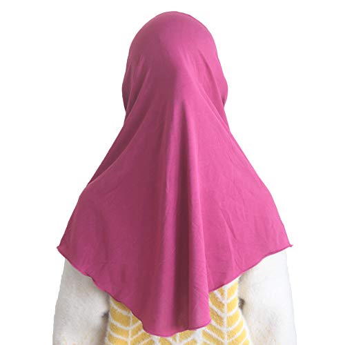 Girls Hijab Muslim Scarf for Kids – Ready to Wear, Solid Color, Soft & Breathable Daily Headwear for Ages 6-11 - color: Rose Red