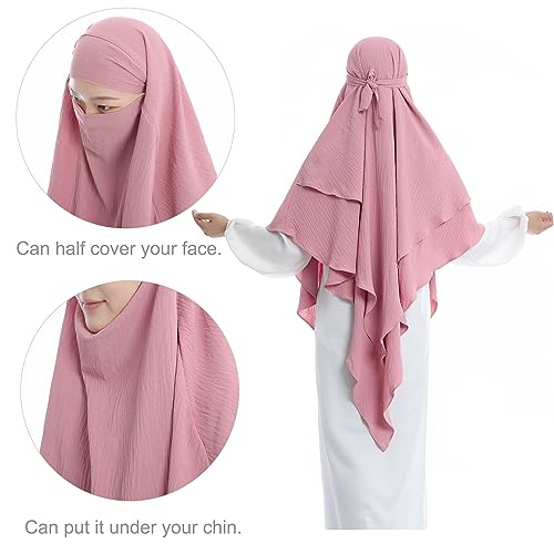 Khalat Muslim Prayer Hijab - 2 Layers Soft Breathable Islamic Dubai Women's Instant Long Hijab - color: Pink