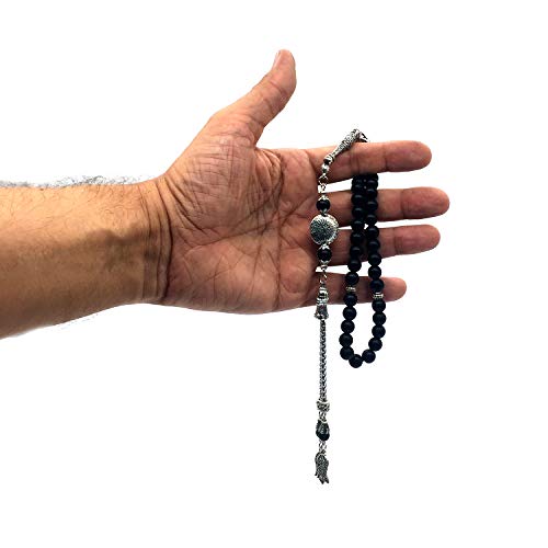 Stylist Prayer Beads (8 mm-33 Beads) Tesbih-Tasbih-Tasbeeh-Misbaha-Masbaha-Subha-Sebha-Sibha-Rosary-Worry Beads (Black Matte Agate Stone) - color: Black Matte Agate Stone