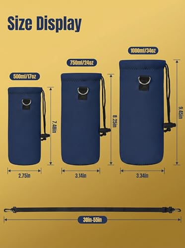 Neoprene Water Bottle Carrier Bag with Adjustable Shoulder Strap,Insulated Water Bottle Cover for Stainless Steel/Glass/Plastic Bottles - color: Navy Blue, size: 500ml