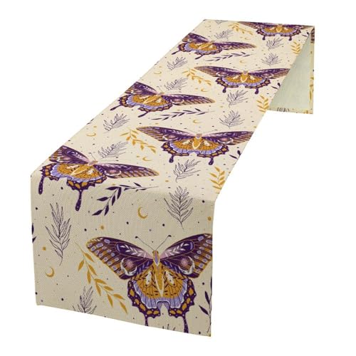 Moth Table Runner, Gothic Mystery Moon Boho Flowers Botanical Print Table Runner for Home Kitchen Dining Patio Holiday Party 13x36in - color: Moth-10, size: W13''xL36''
