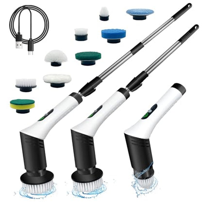 Spin Scrubber,9-In-1Multifunctional Cleaning Brush with Detachable Handle,9 Replaceable Brush Heads&LCD Display,Rechargeable Electric Spin Scrubber for Bedroom,Bathroom,Kitchen,Car - color: Black