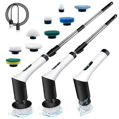 Spin Scrubber,9-In-1Multifunctional Cleaning Brush with Detachable Handle,9 Replaceable Brush Heads&LCD Display,Rechargeable Electric Spin Scrubber for Bedroom,Bathroom,Kitchen,Car - color: Black