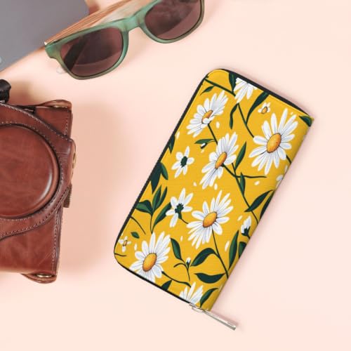 Daisies On Yellow Background PU Leather Long Wallet for Women Men, Zipper Clutch Wallet RFID Card Holder Organizer - color: Daisies On Yellow Background