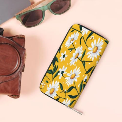 Daisies On Yellow Background PU Leather Long Wallet for Women Men, Zipper Clutch Wallet RFID Card Holder Organizer - color: Daisies On Yellow Background