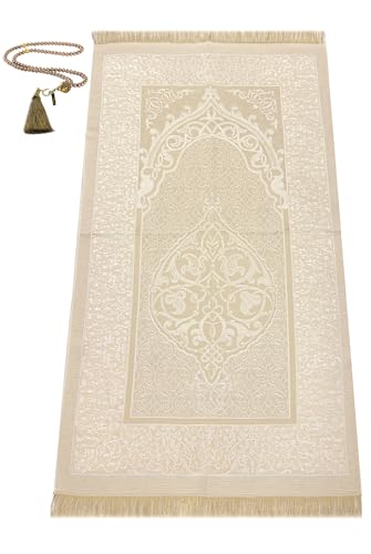ihvan online Muslim Prayer Rug and Prayer Beads with Elegant Design Cylinder Gift Box, Janamaz, Soft Sajadah, Islamic Gifts Set, Portable Prayers Carpet Mat, Taffeta Fabric, Cream - color: Cream