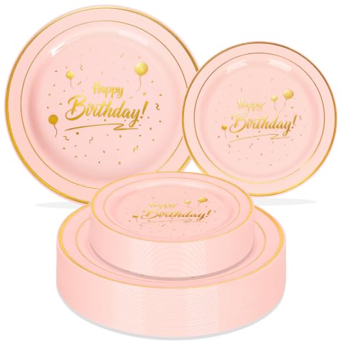 100 Pcs Pink Plastic Plates,Pink Gold Birthday Disposable Plates - color: Pink Gold