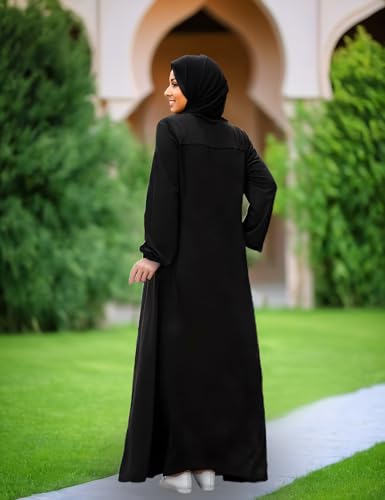 Womens Muslim Abaya Dress Front Zipper 2 Pockets Long Sleeve Prayer Islamic Clothes with Hijab Cap - color: Black, size: Medium