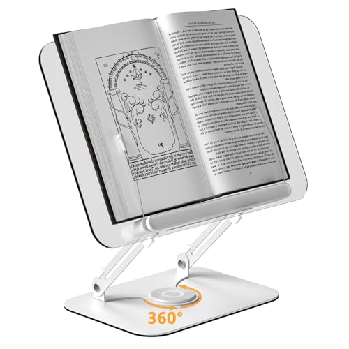 Acrylic Book Stand with 360° Rotating Base, Adjustable Book Holder with Page Clips, Foldable Desktop Stand for Recipe,Music Scores,Laptop,Tablet,Cookbook,Ergonomic Design