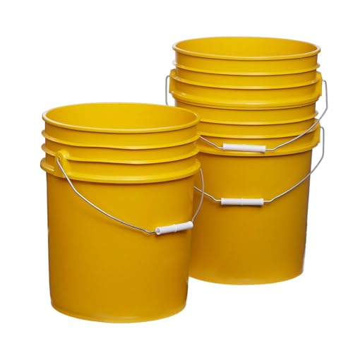 5 Gallon Food Grade Plastic Bucket, Open Head Pail with Handle, 12-3/8 in Diameter x 14-3/4 in Height (Yellow, 6 Pack) - color: Yellow, size: 6 Pack