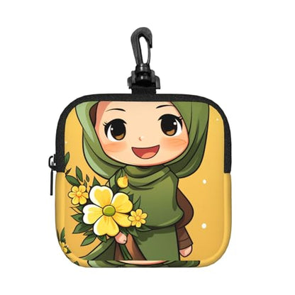 Small Neoprene Pouch, Mini Portable Makeup Bag With Carabiner Keychain Waterproof Travel Coin Purse Storage Bag Cartoon Muslim Girl Clutch Cosmetic Organizer For Women