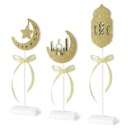 3 Pieces Ramadan Wooden Tabletop Signs Decorations Eid Mubarak Table Centerpieces Decor Set Islamic Ramadan Tiered Tray Decor for Muslim Home Party Tabletop Decor